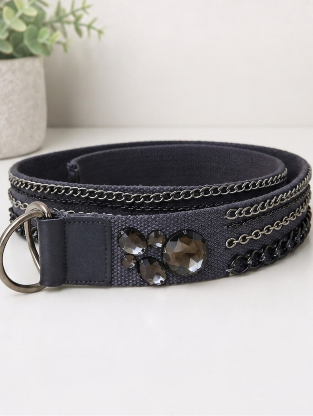 Y2M Ann Taylor LOFT Gray Canvas Chain Link & Rhinestone Belt - 42" S/M